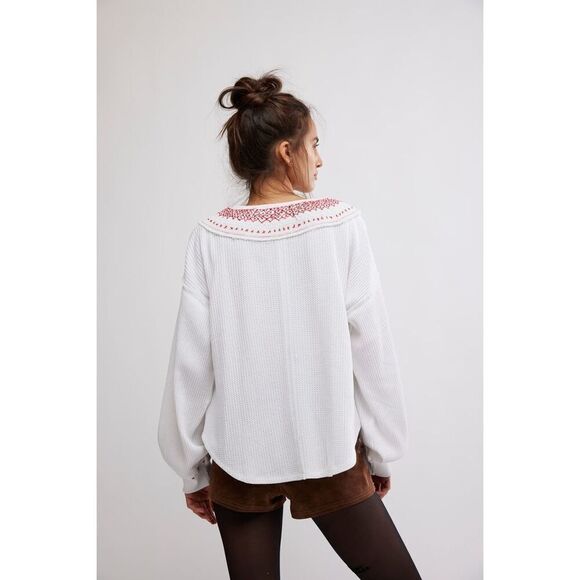 FREE PEOPLE HOLLY HENLEY size XS White Ivory Embroidered Boho Thermal - Picture 2 of 14